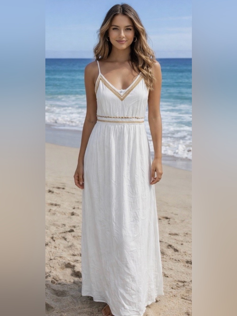 Japna White Grecian Maxi Dress Gold Thread Detail Boho Goddess Size Large